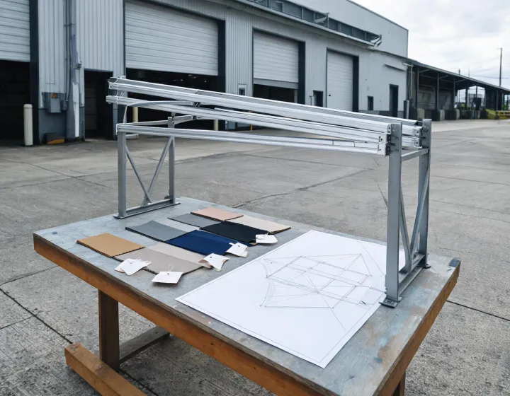 Awning sample frame and fabric drawings prepared for a procurement review