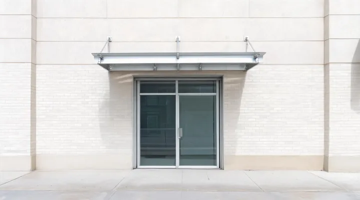 Metal awning at an outdoor equipment store entrance