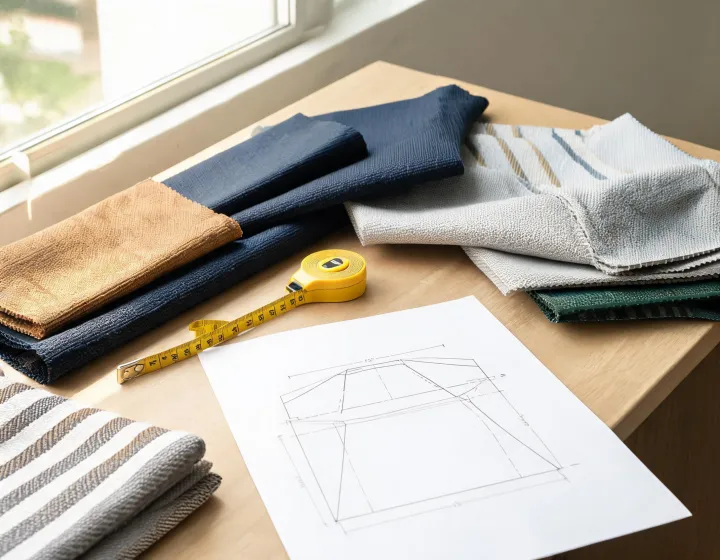 Awning fabric swatches checked beside a cut-panel drawing