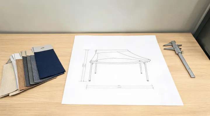 Awning dimension worksheet and material sample